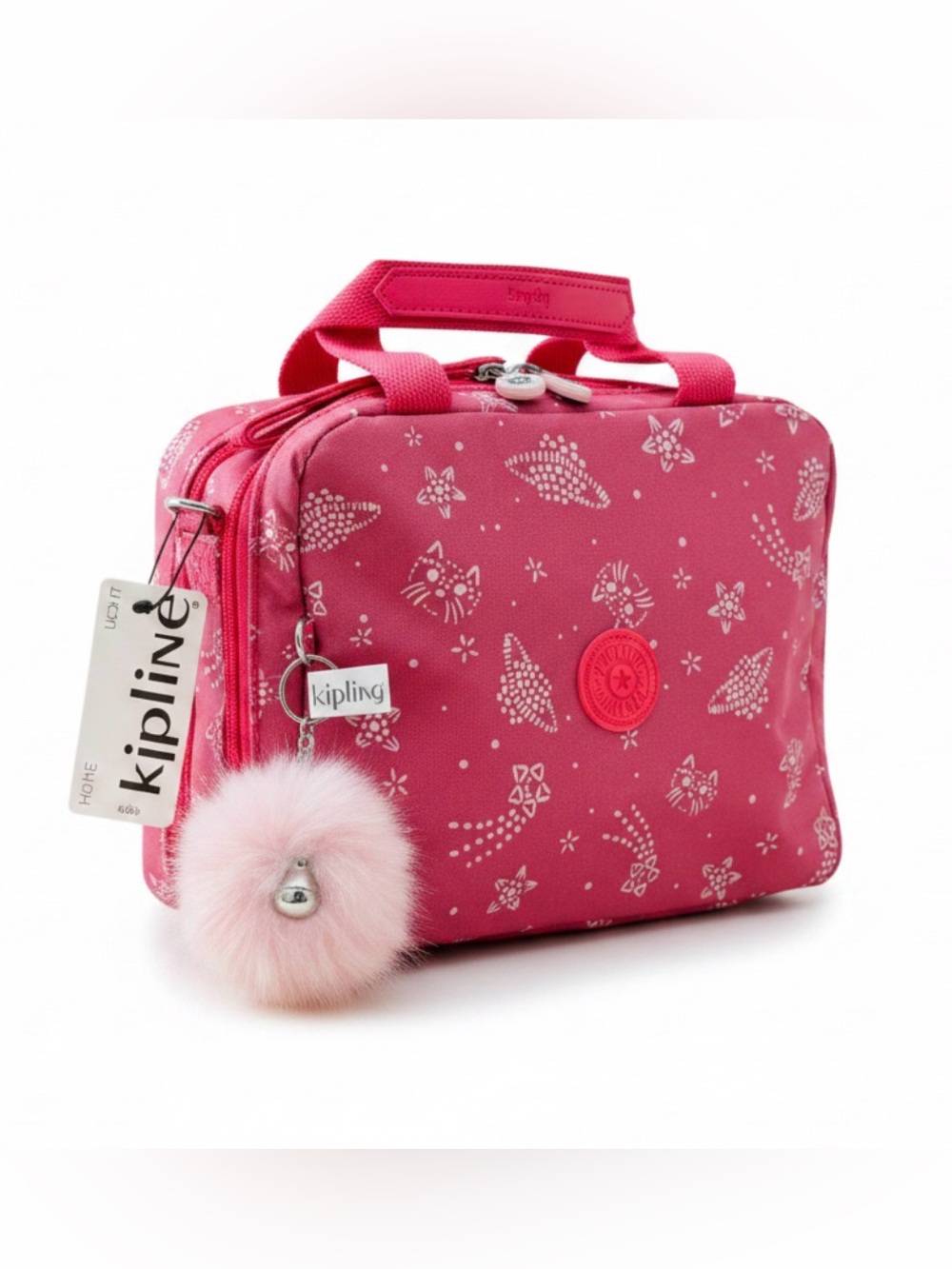 Kipling Hot Pink Kids Printed Lunch Bag with Pom Pom Charm